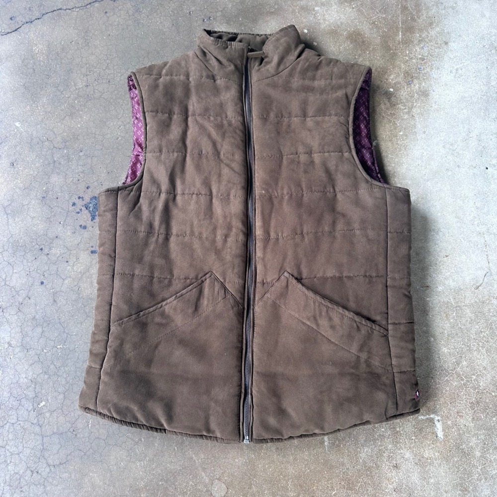 Argyleculture Puffer Vest Mens Size M Brown Excellent Quilted Faux Suede Zip Up